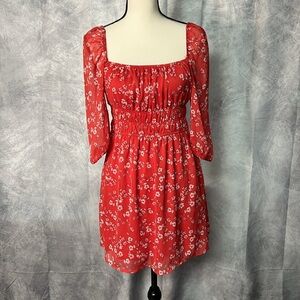 Trixxi NWT Red Floral Square Neck Smocked Mini Dress with Sheer 3/4 Sleeves